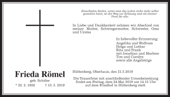 Traueranzeige von Frieda Römel von Giessener Allgemeine, Alsfelder Allgemeine