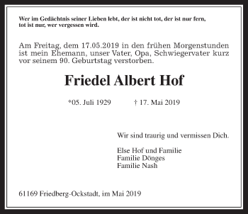 Traueranzeige von Friedel Albert Hof von Wetterauer Zeitung