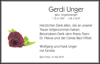 Traueranzeige von Gerdi Unger von Bad Vilbel/Karben