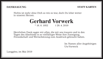 Traueranzeige von Gerhard Vorwerk von Giessener Allgemeine, Alsfelder Allgemeine