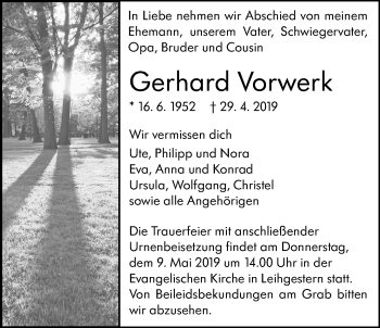 Traueranzeige von Gerhard Vorwerk von Giessener Allgemeine, Alsfelder Allgemeine