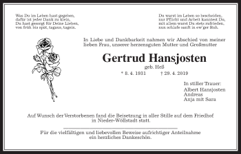 Traueranzeige von Gertrud Hansjosten von Wetterauer Zeitung