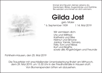 Traueranzeige von Gilda Jost von Giessener Allgemeine, Alsfelder Allgemeine