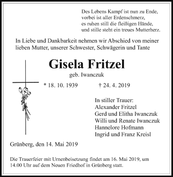 Traueranzeige von Gisela Fritzel von Giessener Allgemeine, Alsfelder Allgemeine