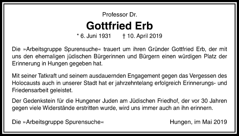  Traueranzeige für Gottfried Erb vom 02.05.2019 aus Licher Wochenblatt