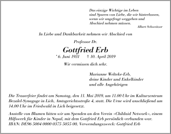 Traueranzeige von Gottfried Erb von Licher Wochenblatt