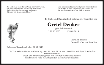 Traueranzeige von Gretel Deuker von Giessener Allgemeine, Alsfelder Allgemeine