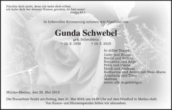 Traueranzeige von Gunda Schwebel von Alsfelder Allgemeine