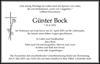 Traueranzeige von Günter Bock von Bad Vilbel/Karben