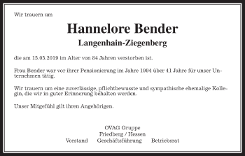 Traueranzeige von Hannelore Bender von Wetterauer Zeitung