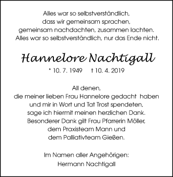Traueranzeige von Hannelore Nachtigall von Laubacher Anzeiger