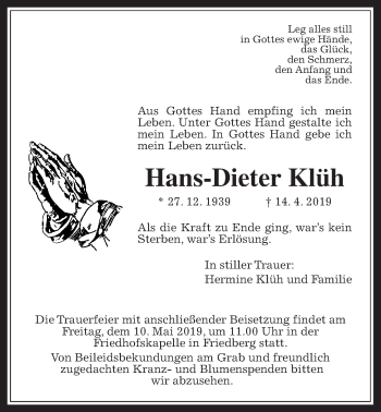 Traueranzeige von Hans-Dieter Klüh von Wetterauer Zeitung