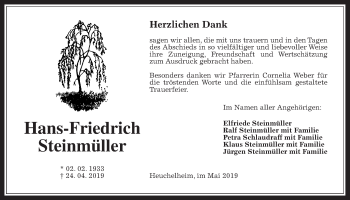 Traueranzeige von Hans-Friedrich Steinmüller von Giessener Allgemeine, Alsfelder Allgemeine