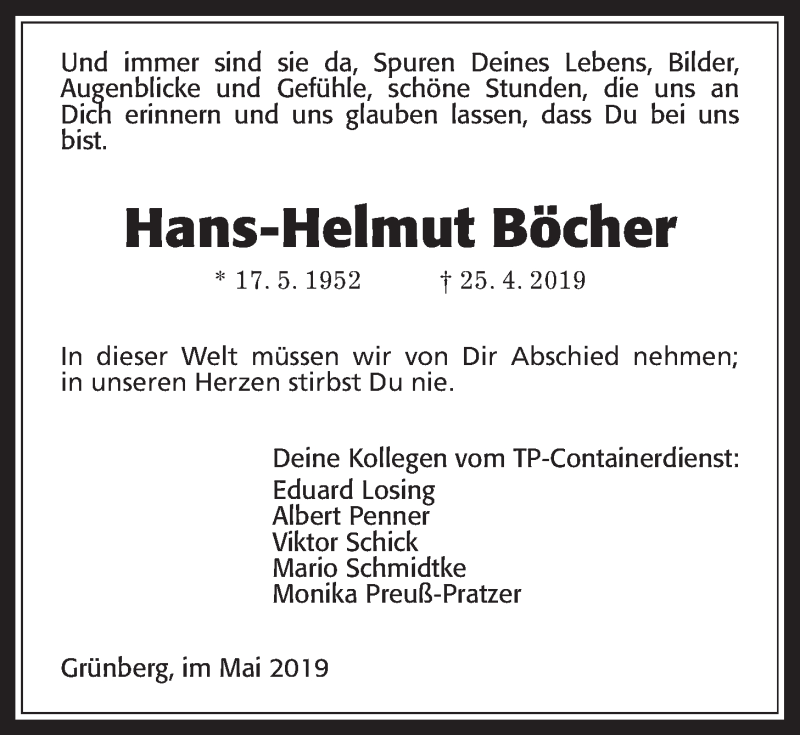  Traueranzeige für Hans-Helmut Böcher vom 14.05.2019 aus Giessener Allgemeine, Alsfelder Allgemeine