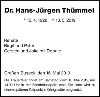 Traueranzeige von Hans-Jürgen Thümmel von Giessener Allgemeine, Alsfelder Allgemeine