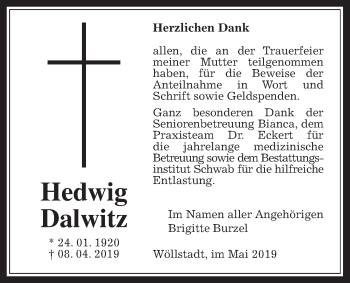 Traueranzeige von Hedwig Dalwitz von Wetterauer Zeitung
