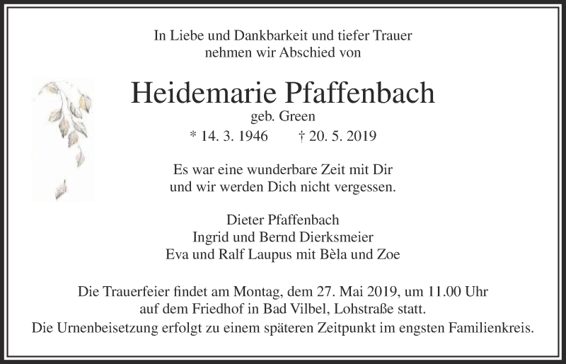  Traueranzeige für Heidemarie Pfaffenbach vom 22.05.2019 aus Wetterauer Zeitung