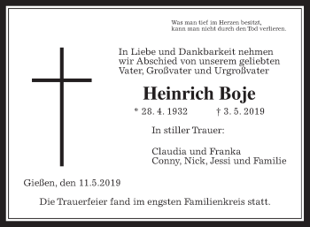 Traueranzeige von Heinrich Boje von Giessener Allgemeine, Alsfelder Allgemeine