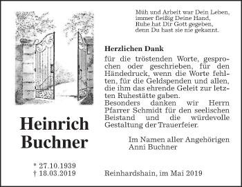 Traueranzeige von Heinrich Buchner von Giessener Allgemeine, Alsfelder Allgemeine