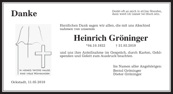 Traueranzeige von Heinrich Gröninger von Wetterauer Zeitung