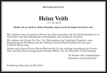 Traueranzeige von Heinz Veith von Wetterauer Zeitung