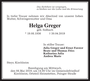 Traueranzeige von Helga Greger von Wetterauer Zeitung, Giessener Allgemeine, Alsfelder Allgemeine