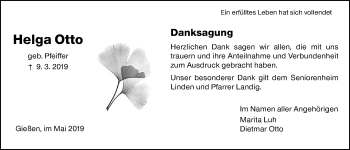 Traueranzeige von Helga Otto von Giessener Allgemeine, Alsfelder Allgemeine