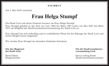 Traueranzeige von Helga Stumpf von Licher Wochenblatt