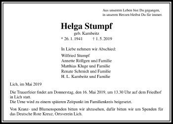 Traueranzeige von Helga Stumpf von Licher Wochenblatt