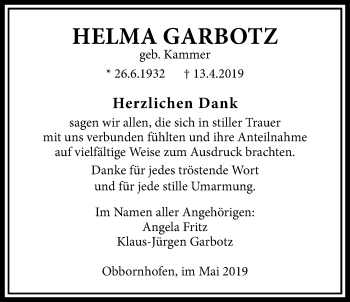 Traueranzeige von Helma Garbotz von Licher Wochenblatt