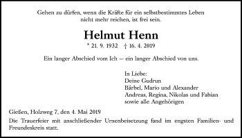 Traueranzeige von Helmut Henn von Giessener Allgemeine, Alsfelder Allgemeine