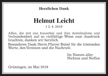 Traueranzeige von Helmut Leicht von Pohlheimer Nachrichten