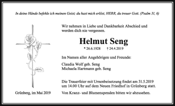 Traueranzeige von Helmut Seng von Giessener Allgemeine, Alsfelder Allgemeine