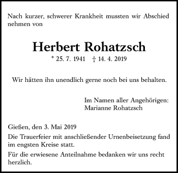 Traueranzeige von Herbert Rohatzsch von Giessener Allgemeine, Alsfelder Allgemeine