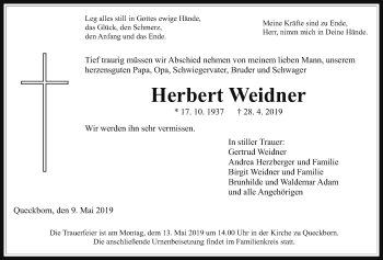 Traueranzeige von Herbert Weidner von Giessener Allgemeine, Alsfelder Allgemeine