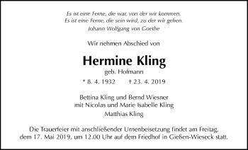 Traueranzeige von Hermine Kling von Giessener Allgemeine, Alsfelder Allgemeine