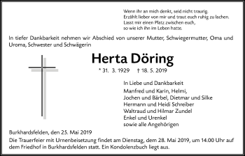 Traueranzeige von Herta Döring von Giessener Allgemeine, Alsfelder Allgemeine