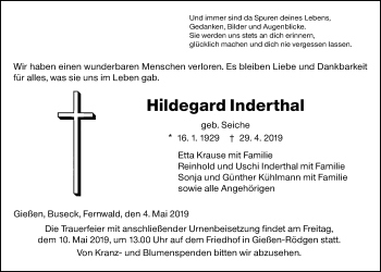 Traueranzeige von Hildegard Inderthal von Giessener Allgemeine, Alsfelder Allgemeine