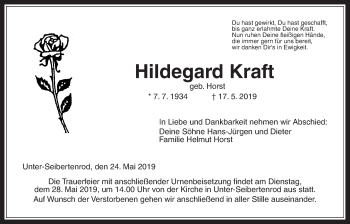 Traueranzeige von Hildegard Kraft von Alsfelder Allgemeine
