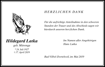 Traueranzeige von Hildegard Latka von Bad Vilbel/Karben