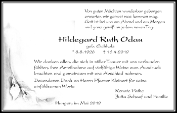 Traueranzeige von Hildegard Ruth Odau von Licher Wochenblatt