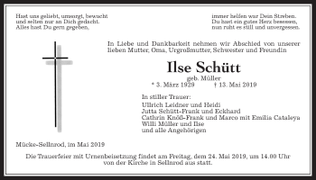 Traueranzeige von Ilse Schüt von Alsfelder Allgemeine