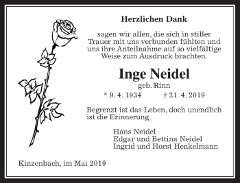 Traueranzeige von Inge Neidel von Giessener Allgemeine, Alsfelder Allgemeine