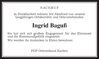 Traueranzeige von Ingrid Baguß von Wetterauer Zeitung