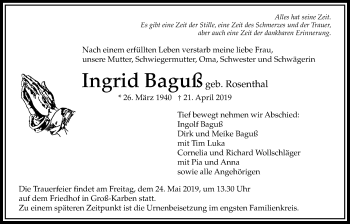 Traueranzeige von Ingrid Baguß von Bad Vilbel/Karben