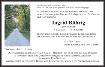 Traueranzeige von Ingrid Röhrig von Wetterauer Zeitung