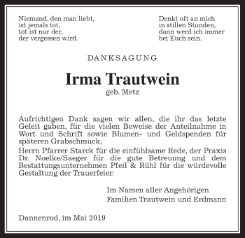 Traueranzeige von Irma Trautwein von Alsfelder Allgemeine