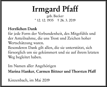 Traueranzeige von Irmgard Pfaff von Giessener Allgemeine, Alsfelder Allgemeine