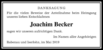 Traueranzeige von Joachim Becker von Rabenauer Zeitung