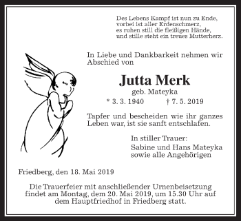 Traueranzeige von Jutta Merk von Wetterauer Zeitung